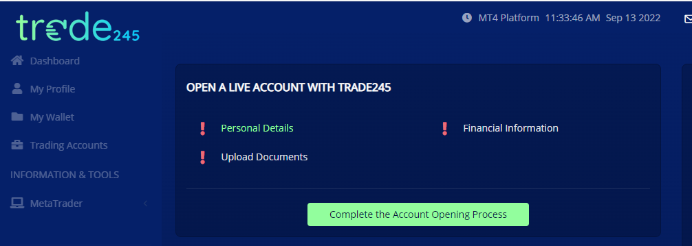 Trade245 Aperçu du compte d'utilisateur - Ouverture d'un nouveau compte de trading