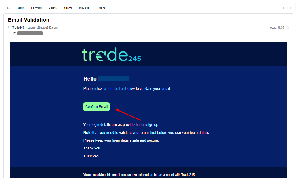 Trade245 Overzicht gebruikersaccount - Bevestiging gebruikersaccount