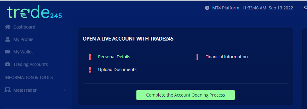 Trade245 Overzicht gebruikersaccount - Een nieuwe handelsaccount openen