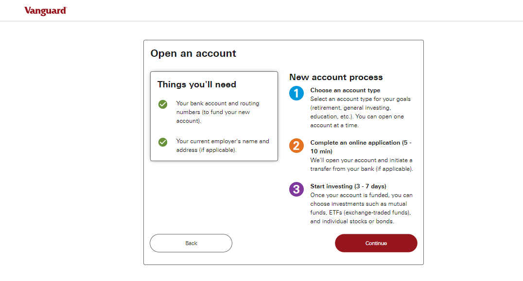 Vanguard Revizuire - Selectarea unui tip de cont