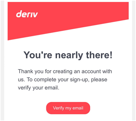 Visão geral da conta pessoal de Deriv- Confirmar o registo por correio eletrónico