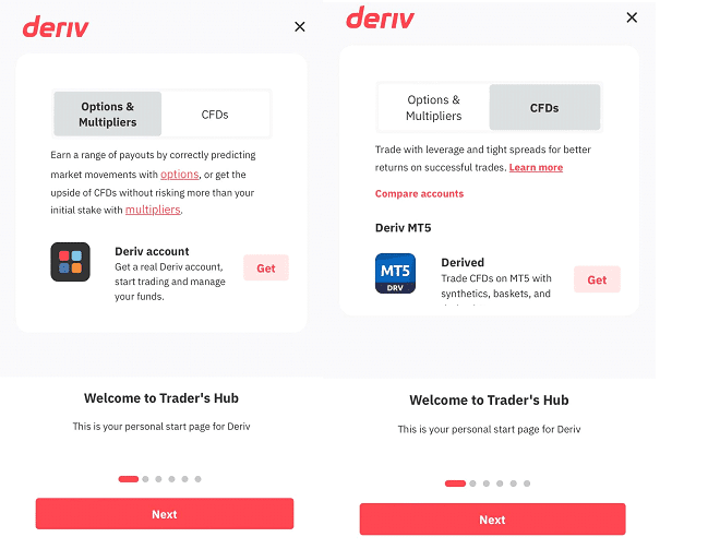 Vue d'ensemble du compte personnel de Deriv- Sélectionnez votre classe d'instruments de trading préférée