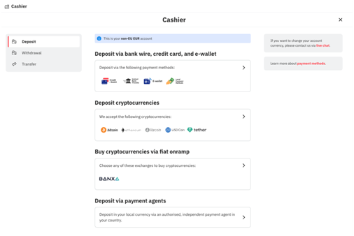 Vue d'ensemble du compte personnel de Deriv- Transactions financières
