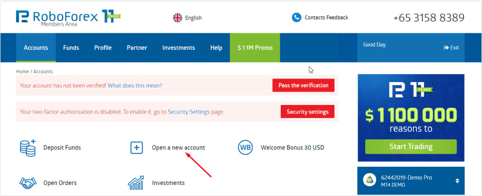 Open a trading account from within the RoboForex members area
