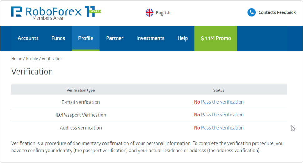 RoboForex members area verification options
