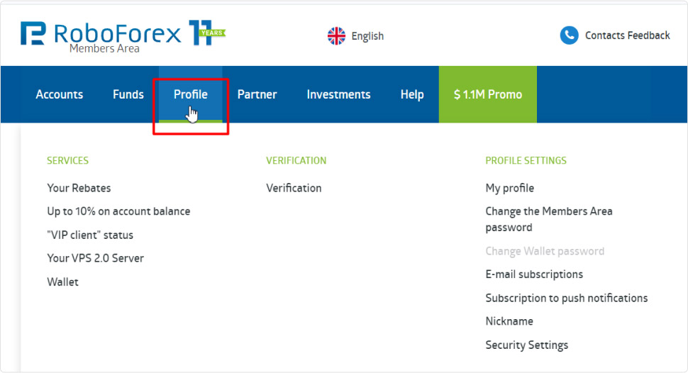 Overview of the sections of the RoboForex members area