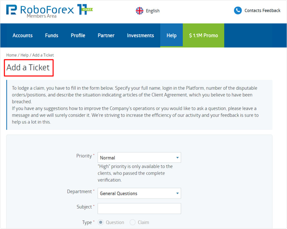 Funciones adicionales del área de miembros de RoboForex | Contactar al servicio de soporte