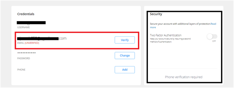 Email confirmation and activation of the two-factor authentication in your user account on eToro.