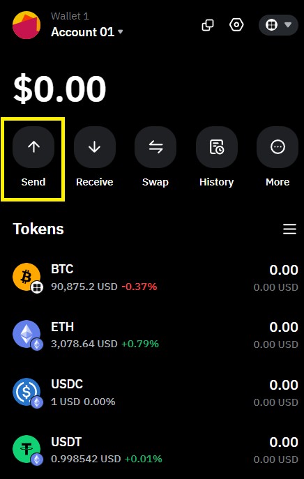 Кнопка "Send" в главном меню Bybit Wallet