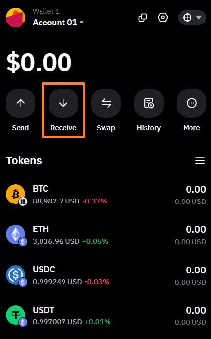 Пункт меню "Receive" в Bybit Wallet