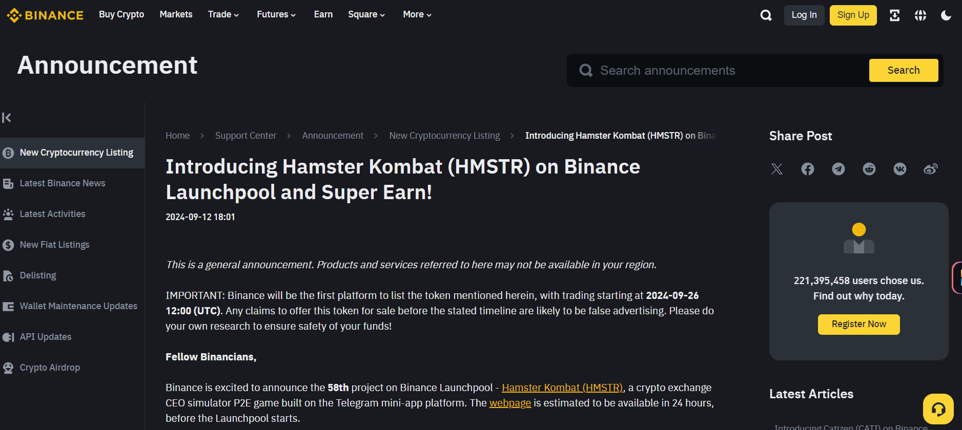 HMSTR on Binance Launchpool, Source binance.com