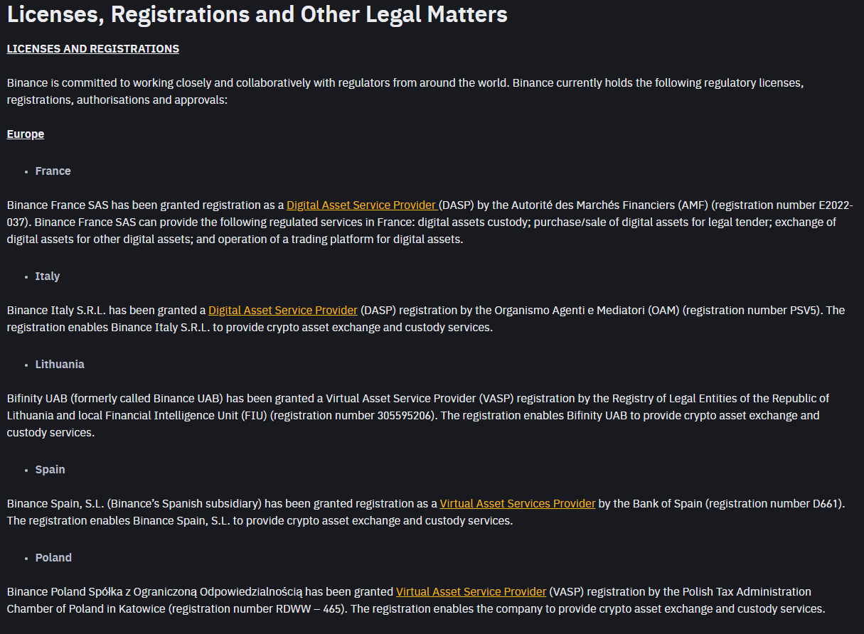 Розділ «Licenses, Registrations and Other Legal Matters» на Binance