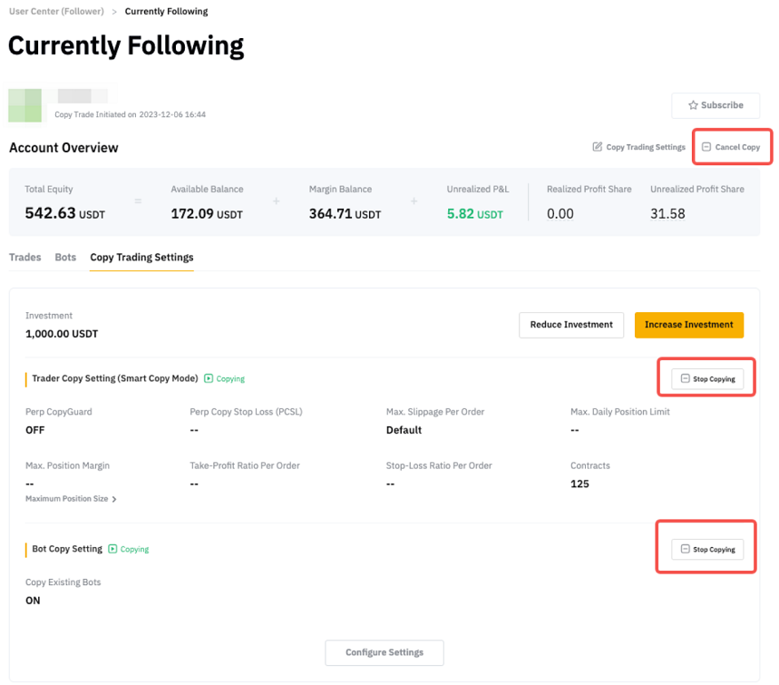 Adjusting or canceling copy trades