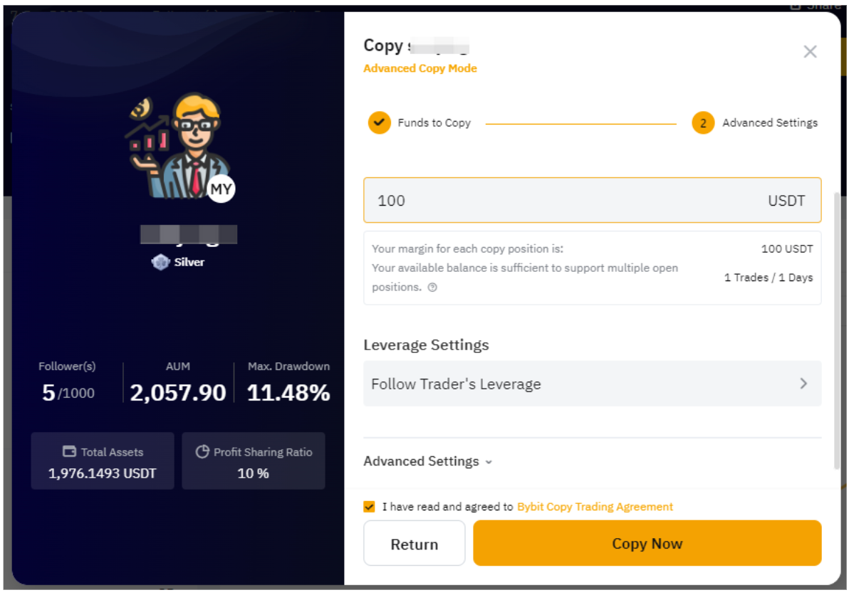 Confirming and starting your copy trade