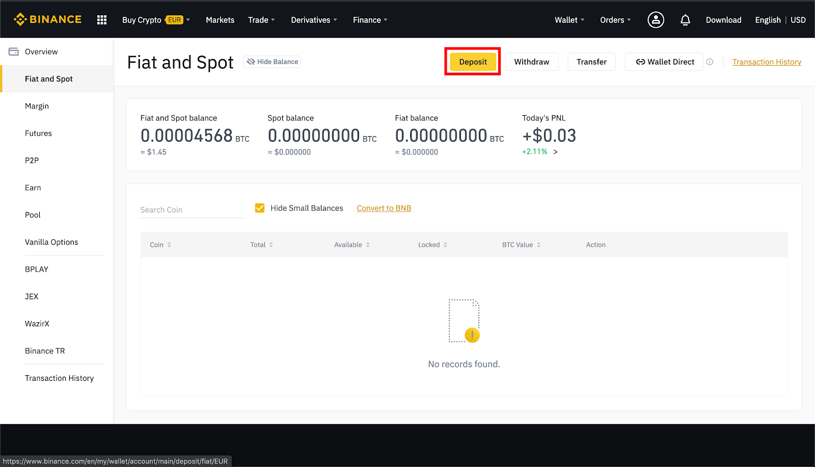 Deposit funds on Binance