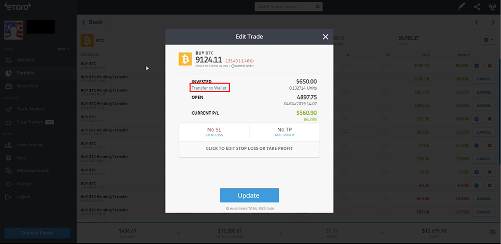 eToro transfer confirmation
