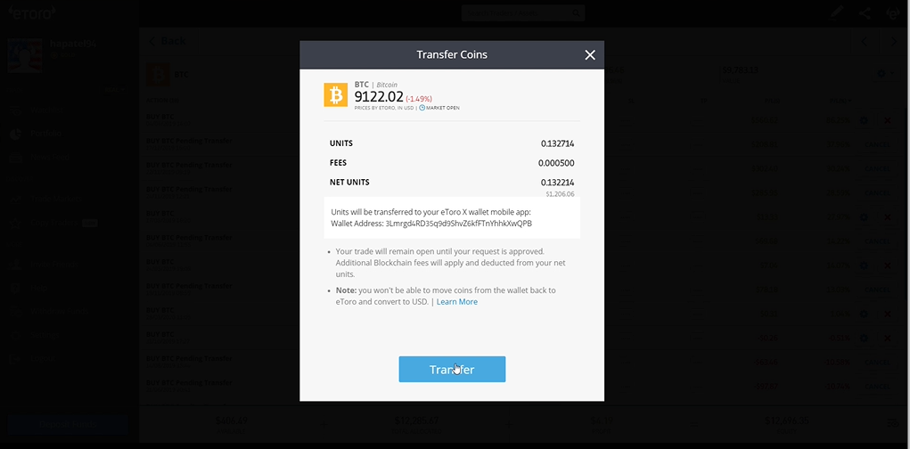 eToro transfer details