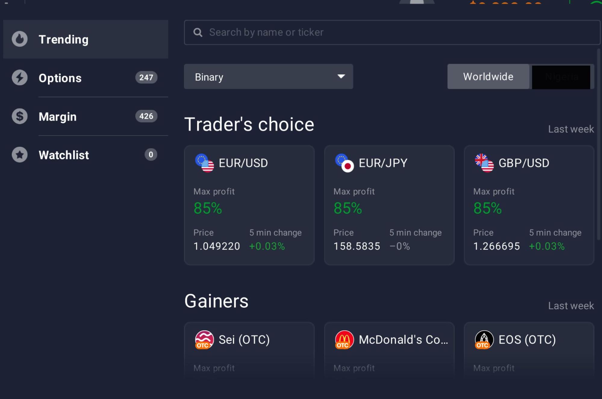 Select from various assets like currencies