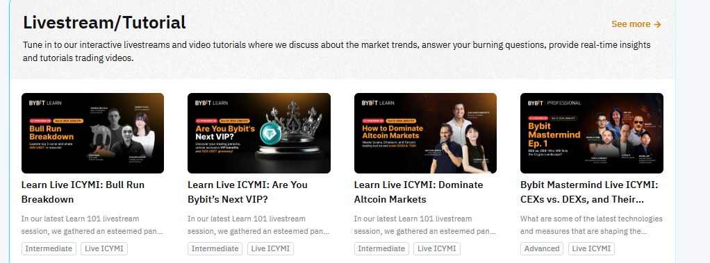 Live webinar options offered by Bybit