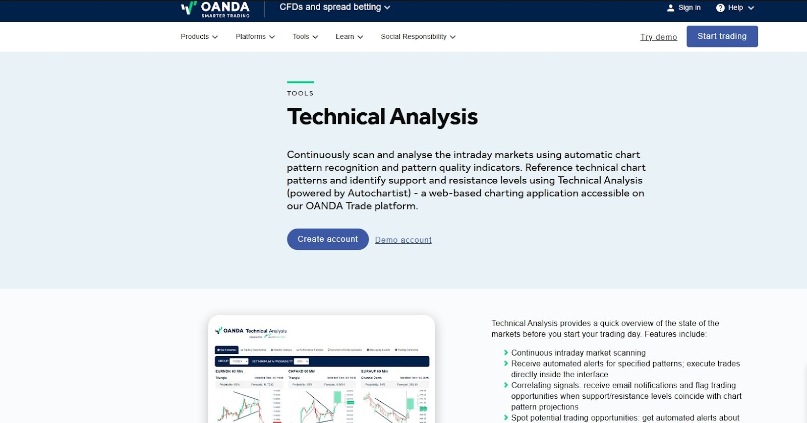 Availability of different tools on OANDA