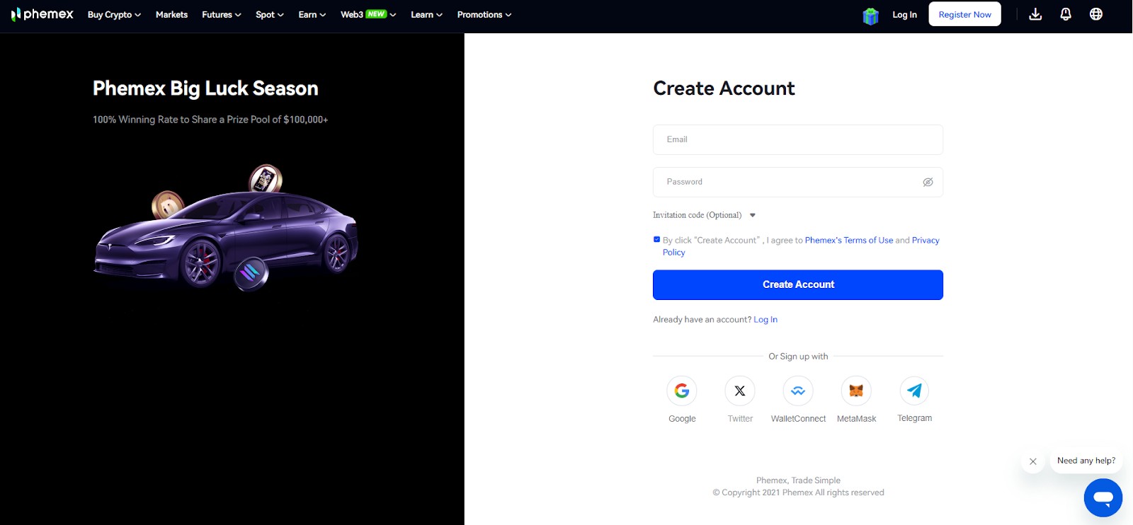 Register on the Phemex platform