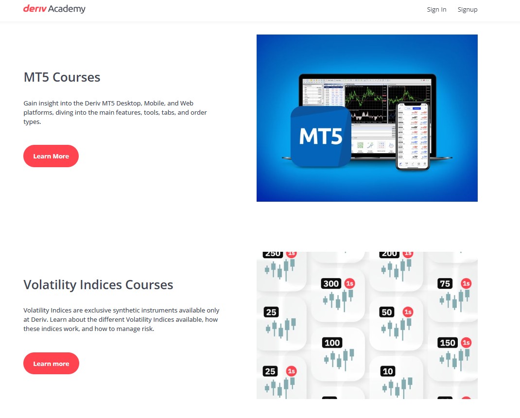 Types of courses offered by Deriv Academy