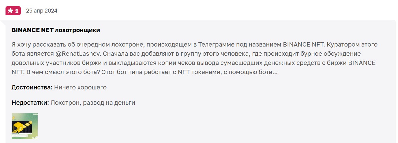 Негативный отзыв о неофициальном боте Binance NFT в Telegram