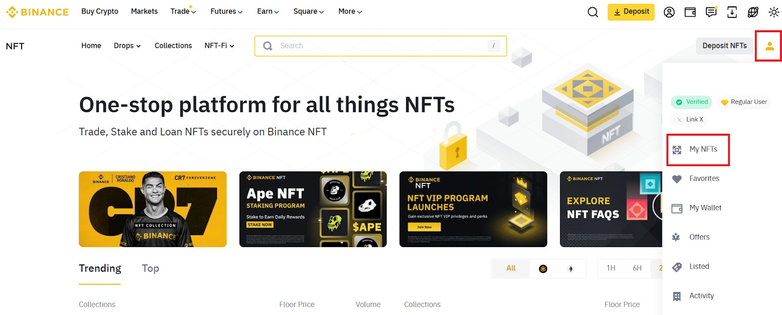 Выберите "Мои NFTs"