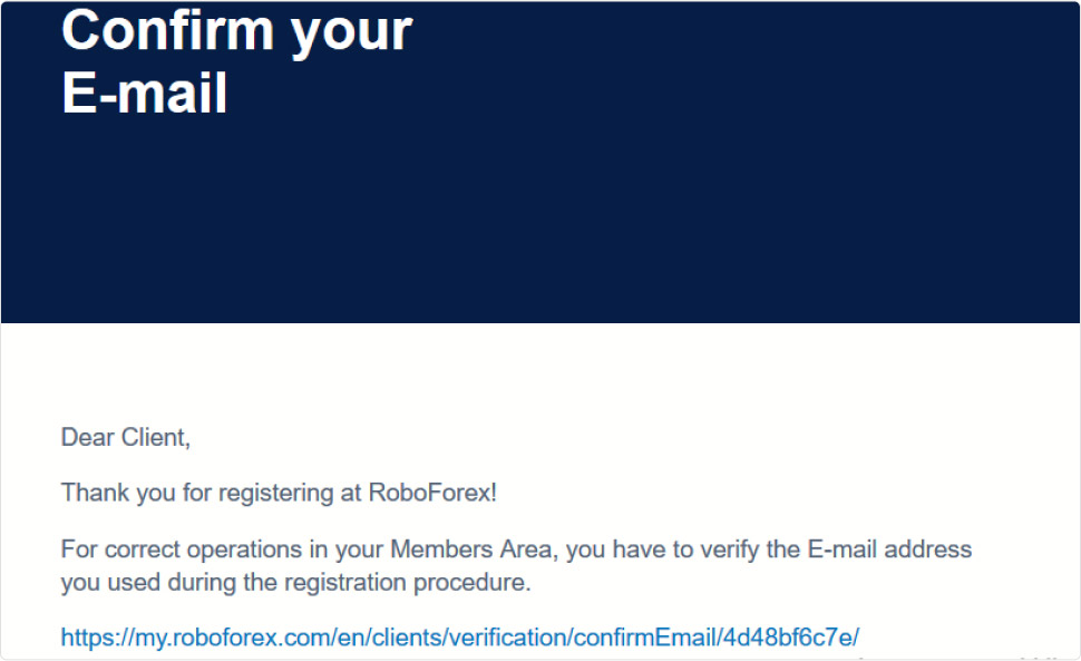 Підтвердження реєстрації на RoboForex електронною поштою