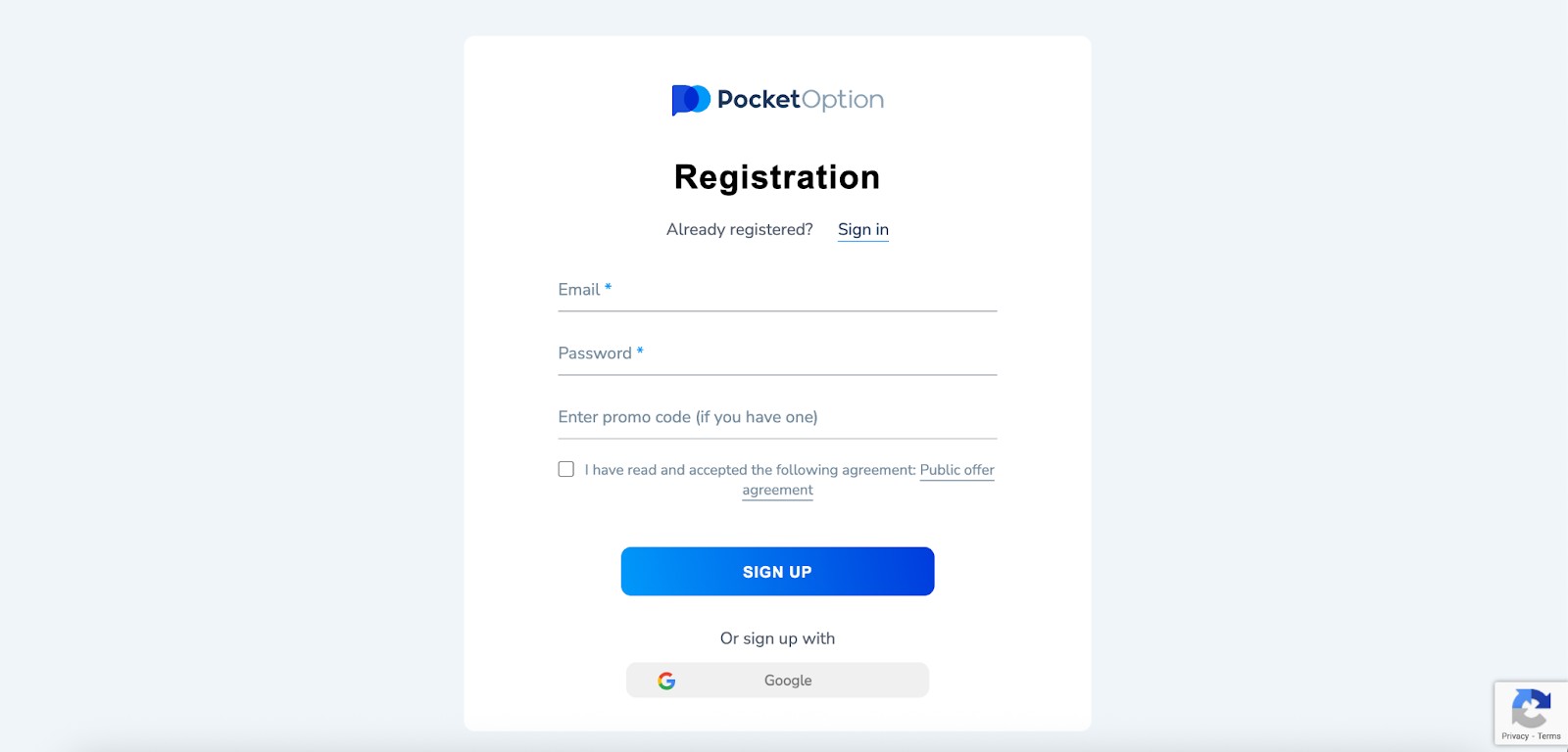 Сторінка реєстрації Pocket Option