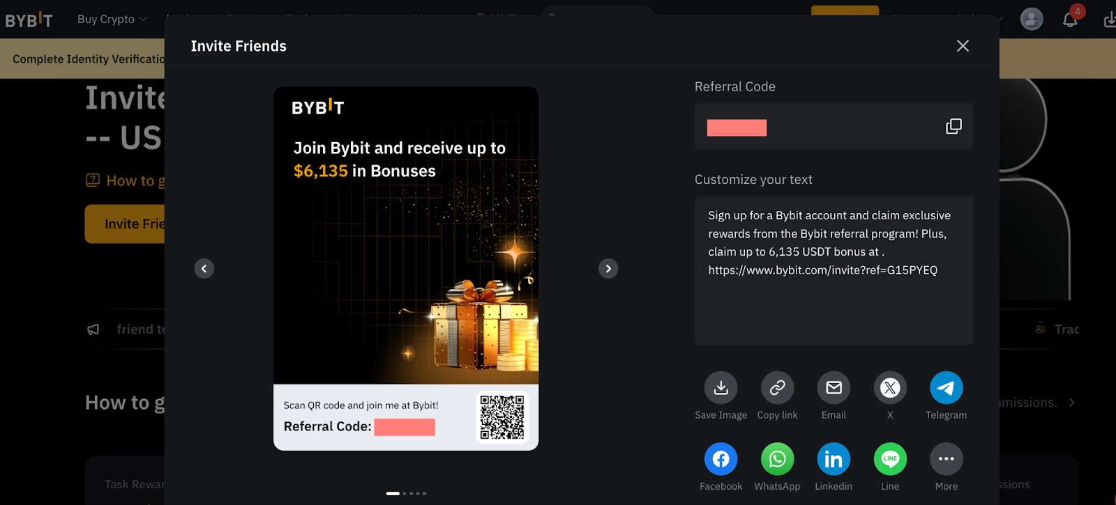 Поиск реферального кода и ссылки на сайте Bybit