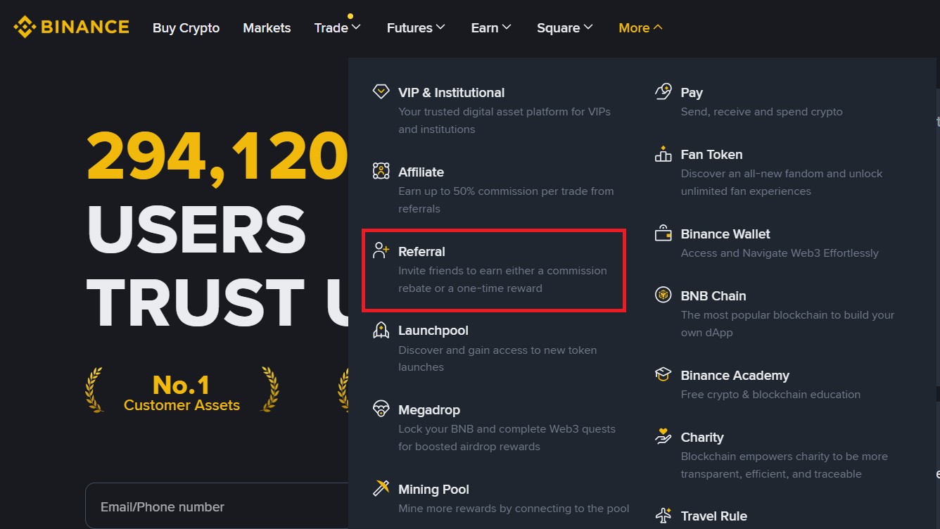 Выбор реферальной программы на сайте Binance