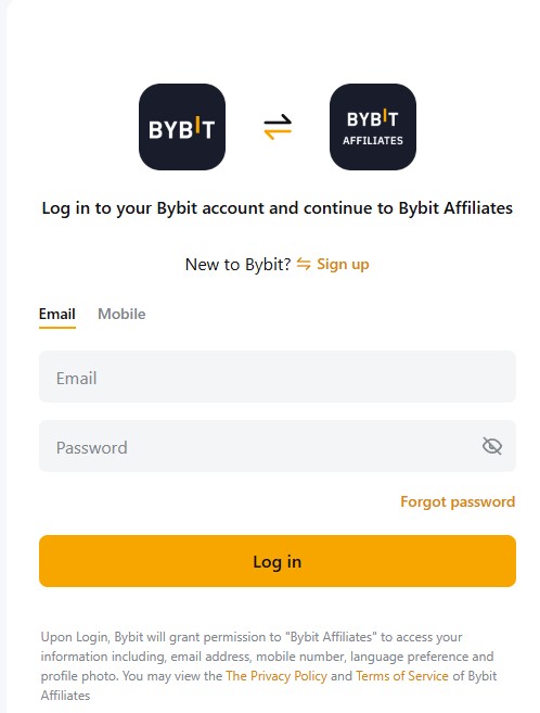 Реєстрація або вхід в особистий кабінет на Bybit Affiliates
