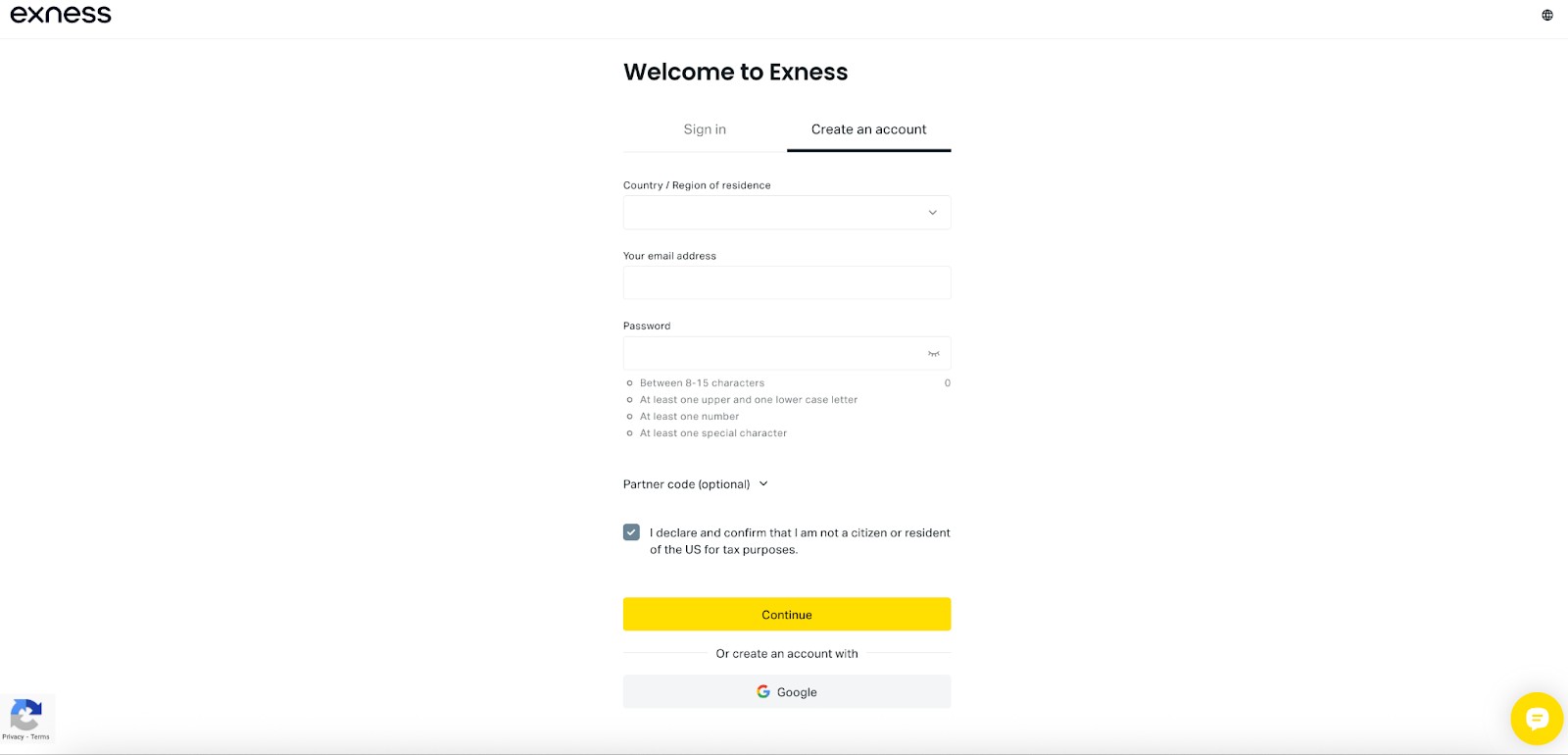 Exness registration page