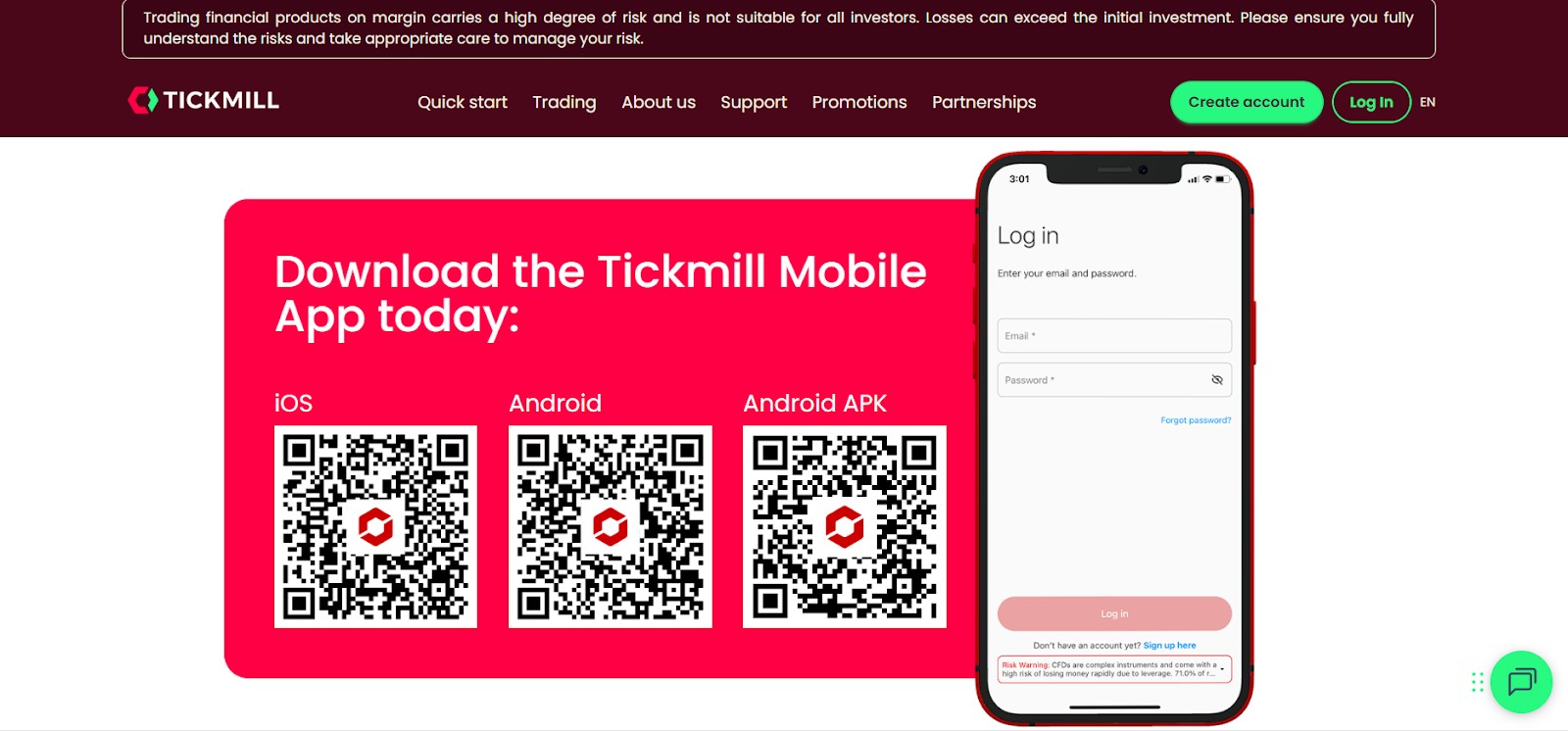 QR-коды на скачивание приложения с сайта Tickmill