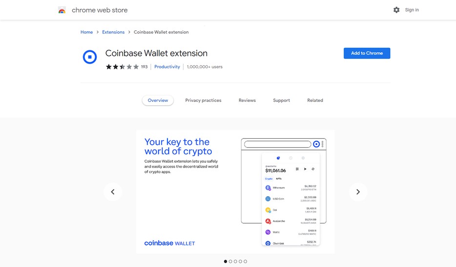 Coinbase Wallet в інтернет-магазині Chrome