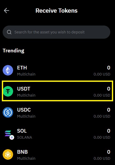 Вибір USDT на Bybit Wallet