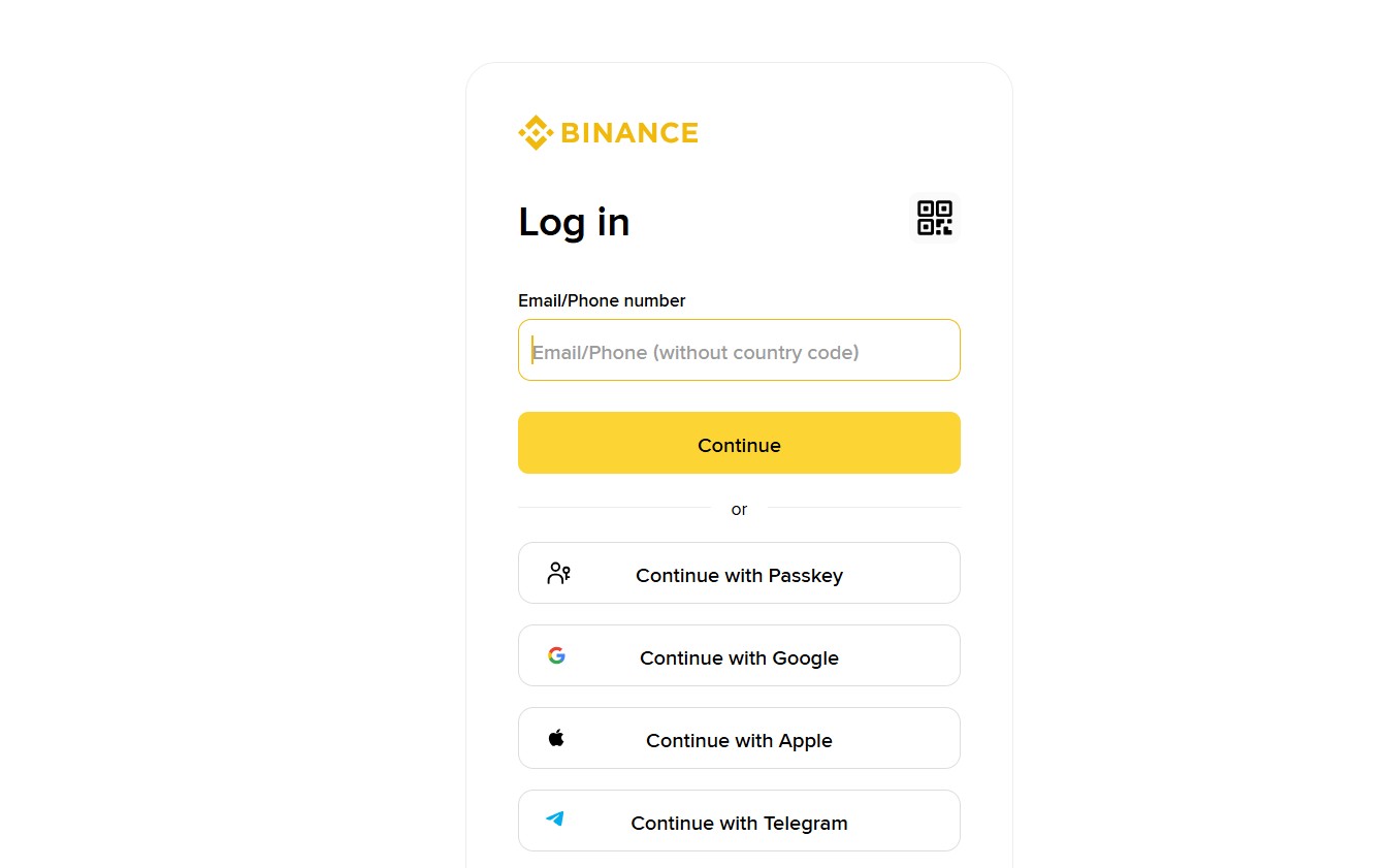 Форма входа в личный кабинет Binance