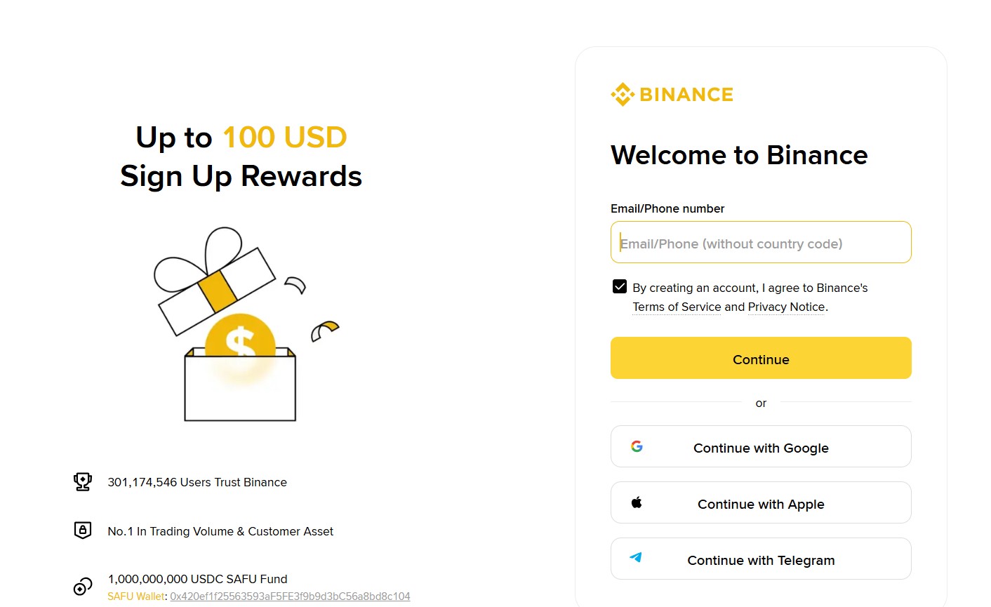 Начало регистрации на Binance