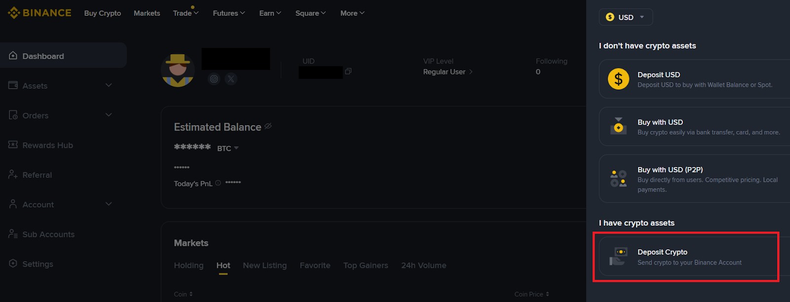 "Deposit Crypto" на Binance