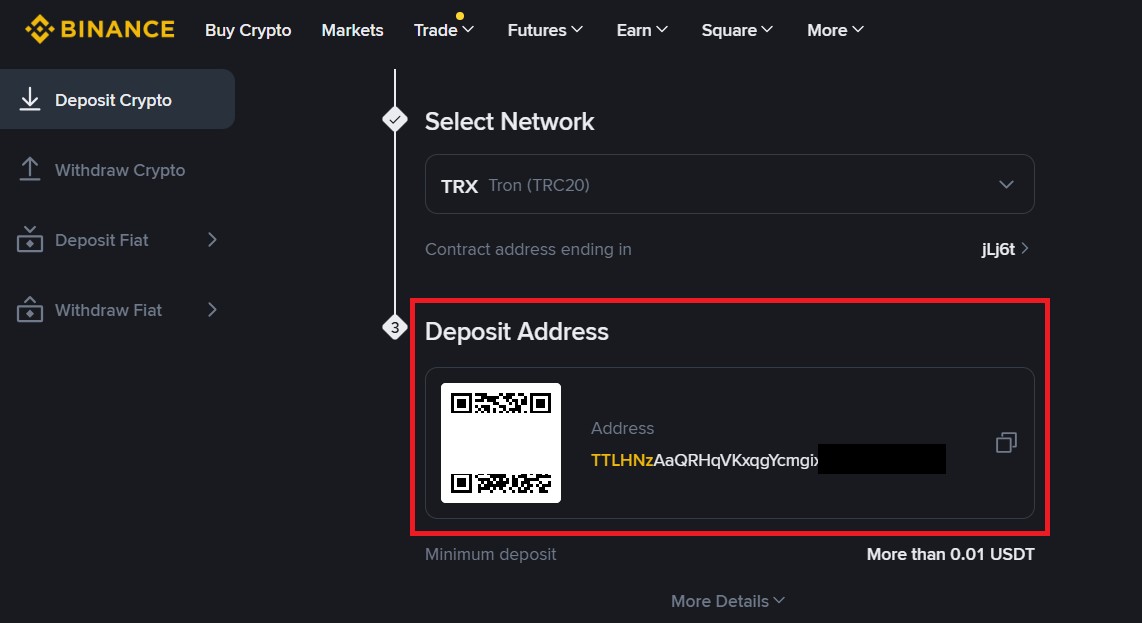 Получение адреса кошелька Binance