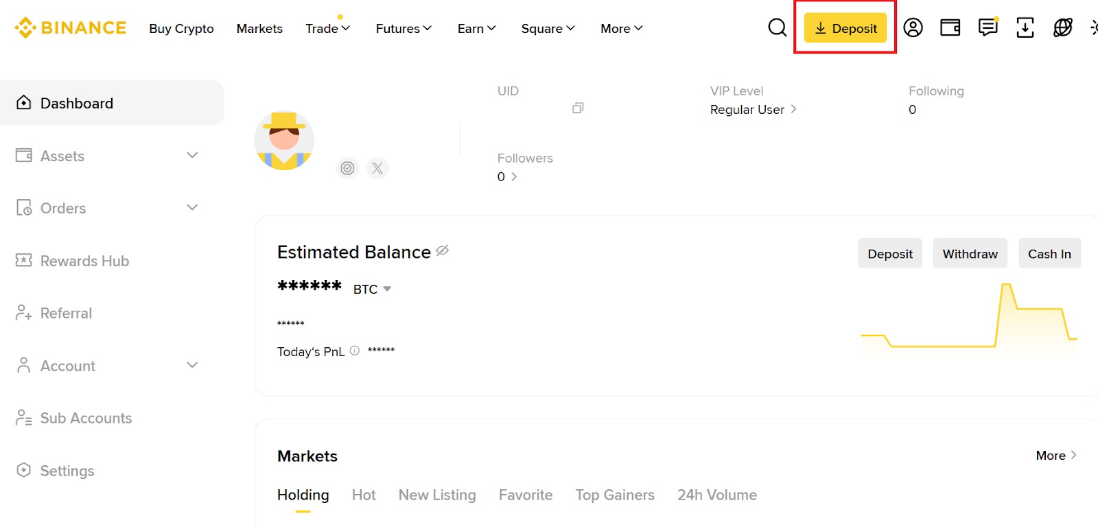 "Deposit" в особистому кабінеті Binance