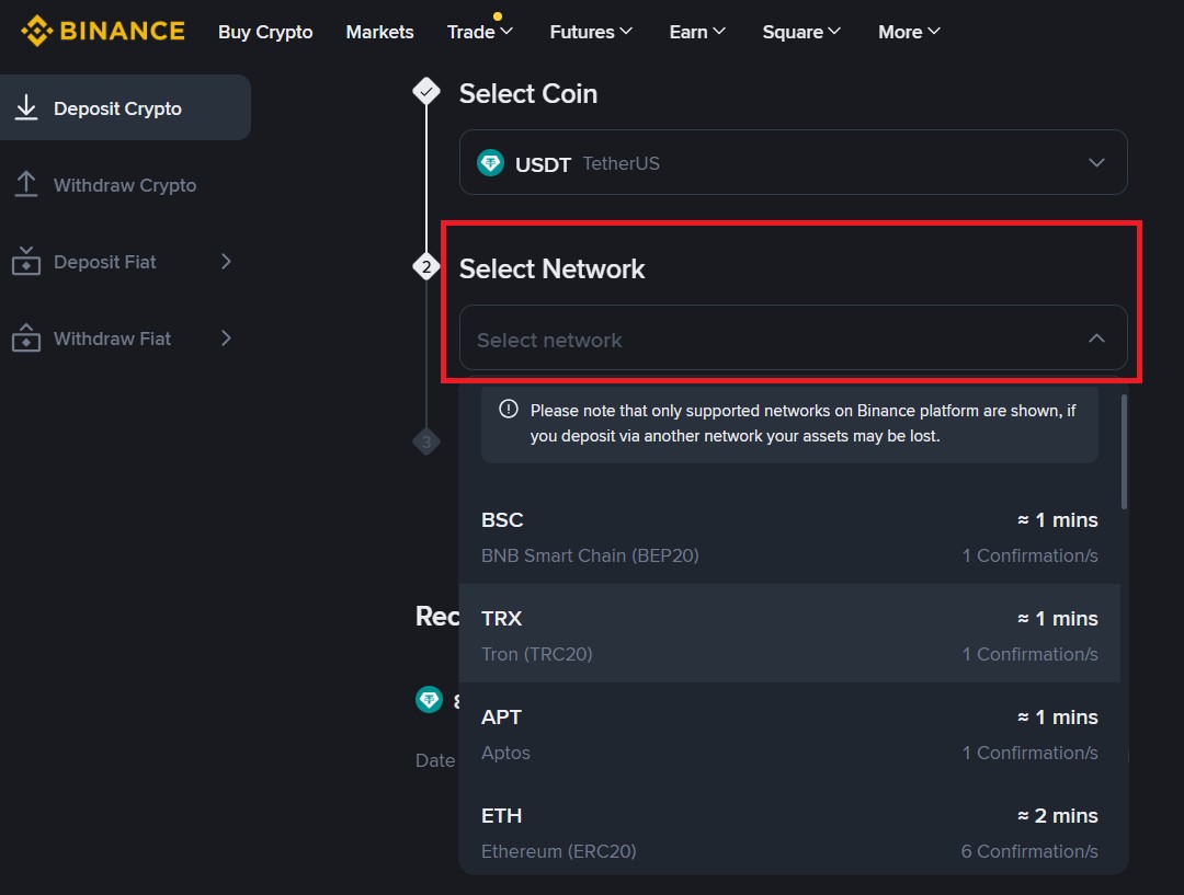 Вибір мережі на Binance