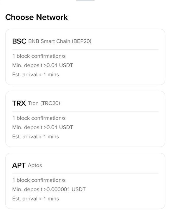 Вибір мережі в застосунку Binance