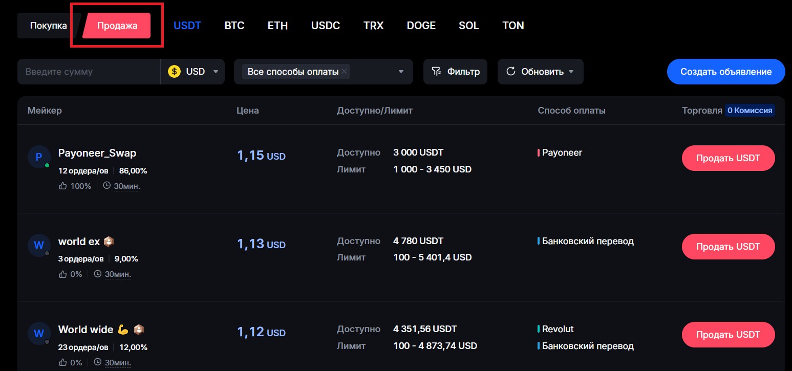 Режим продажи на MEXC P2P